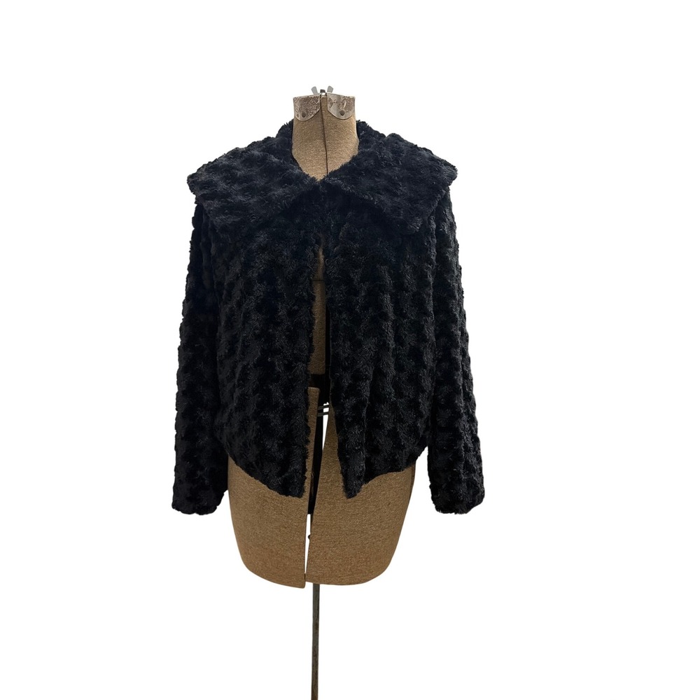 Fever Black Faux Fur Textured‎ Popcorn Jacket Wide Collar Small